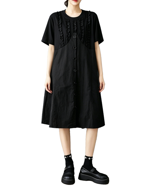 ellazhu Women's Ruffle Patchwork Button Front A Line Midi Dress GZ980