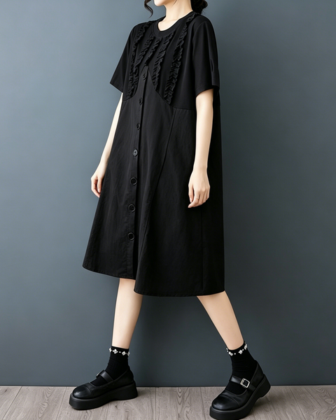 ellazhu Women's Ruffle Patchwork Button Front A Line Midi Dress GZ980