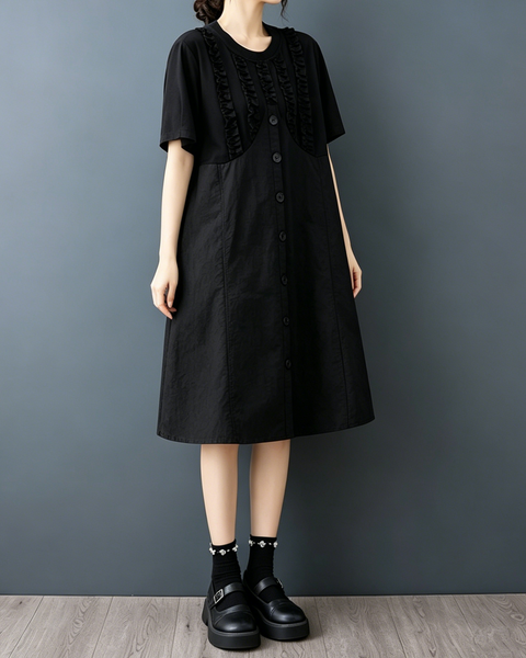 ellazhu Women's Ruffle Patchwork Button Front A Line Midi Dress GZ980