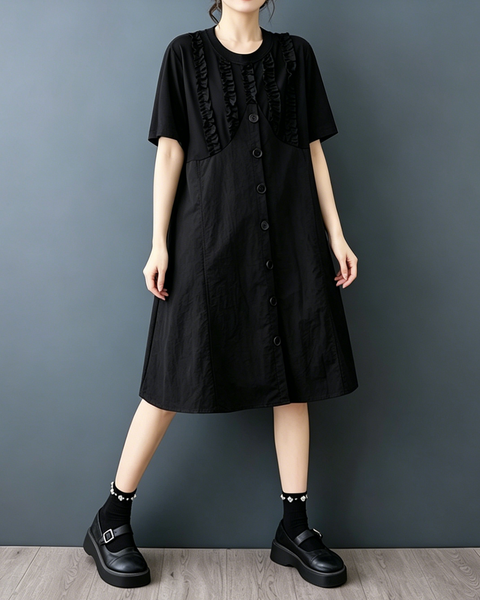 ellazhu Women's Ruffle Patchwork Button Front A Line Midi Dress GZ980