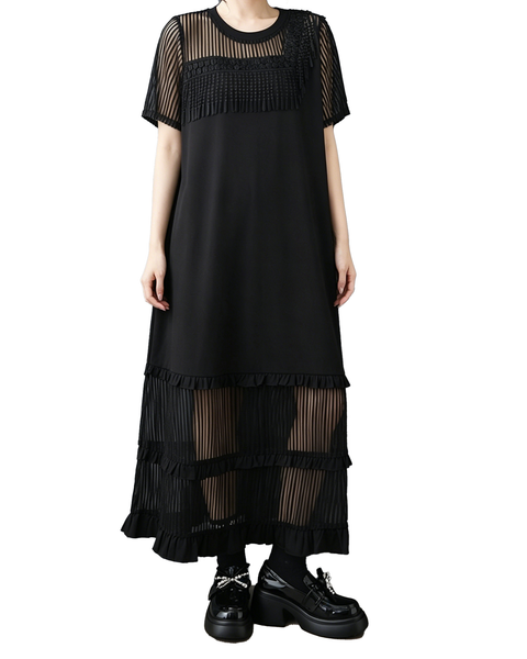 ellazhu Women's Mesh Maxi Dress Fringe Ruffle Short Sleeve A Line GZ981