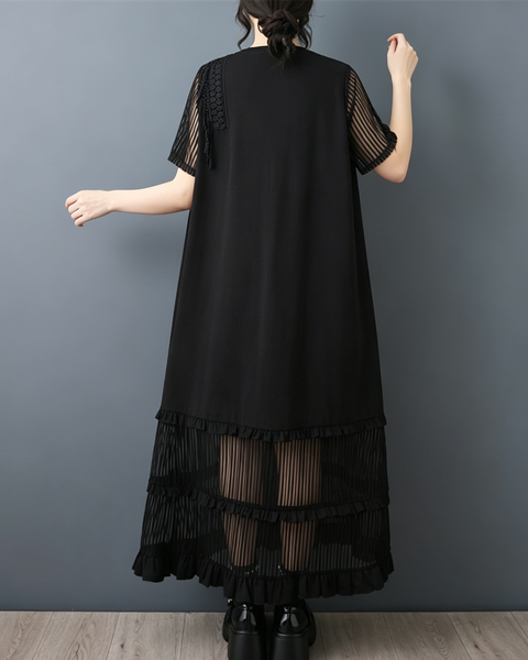 ellazhu Women's Mesh Maxi Dress Fringe Ruffle Short Sleeve A Line GZ981