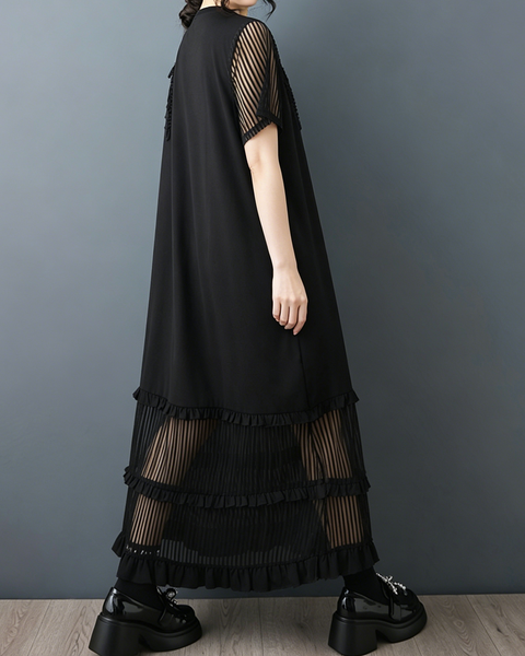 ellazhu Women's Mesh Maxi Dress Fringe Ruffle Short Sleeve A Line GZ981