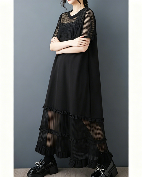 ellazhu Women's Mesh Maxi Dress Fringe Ruffle Short Sleeve A Line GZ981