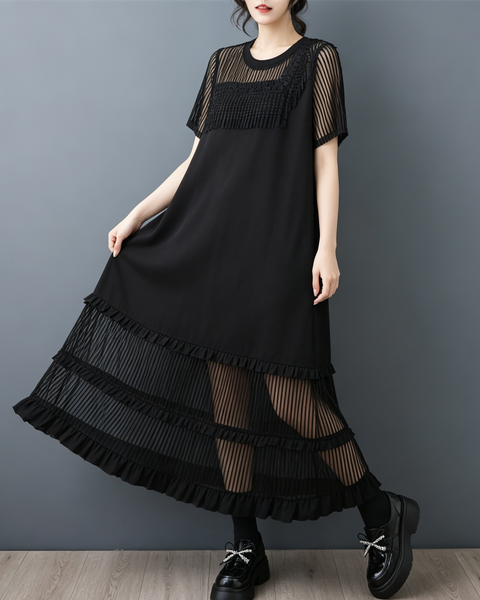 ellazhu Women's Mesh Maxi Dress Fringe Ruffle Short Sleeve A Line GZ981