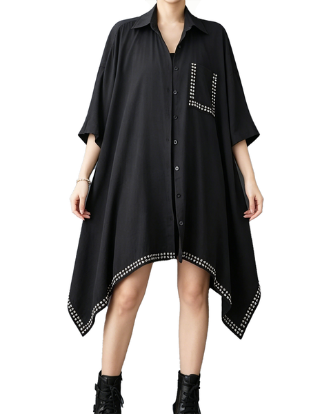 ellazhu Women's Studded Shirt Dress Batwing Loose Irregular Hem GZ982