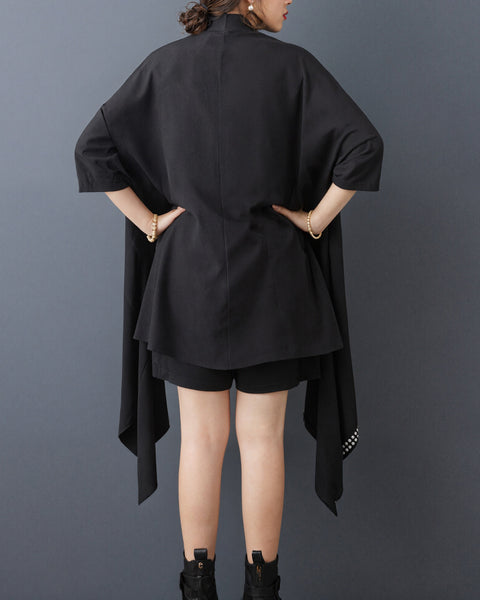 ellazhu Women's Studded Shirt Dress Batwing Loose Irregular Hem GZ982