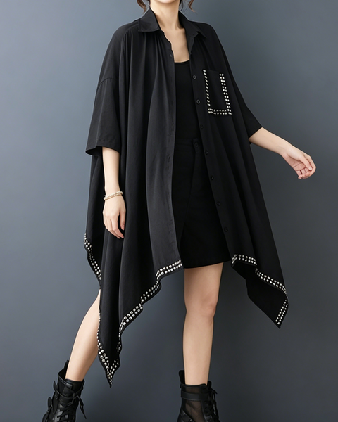 ellazhu Women's Studded Shirt Dress Batwing Loose Irregular Hem GZ982