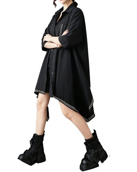 ellazhu Women's Studded Shirt Dress Batwing Loose Irregular Hem GZ982