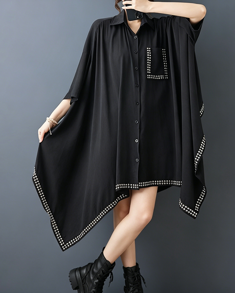 ellazhu Women's Studded Shirt Dress Batwing Loose Irregular Hem GZ982