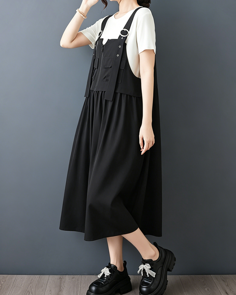 ellazhu Women's Cargo Suspender Dress Buckle Strap A Line Loose GZ983