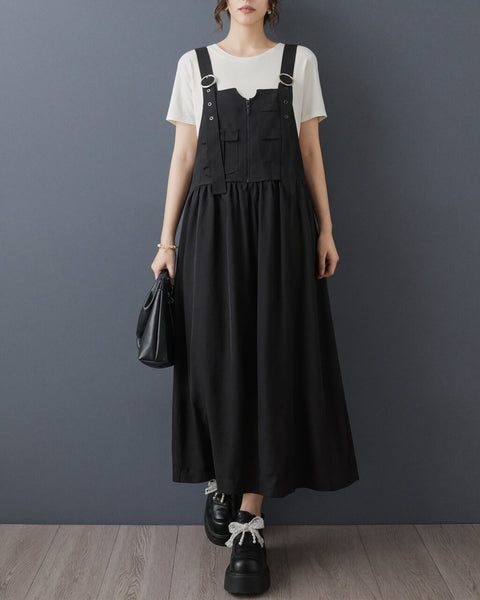 ellazhu Women's Cargo Suspender Dress Buckle Strap A Line Loose GZ983