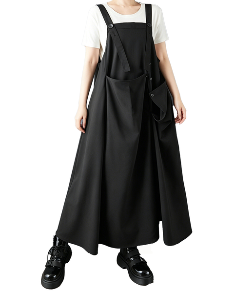 ellazhu Women's Buttoned Strap Suspender Dress Loose Fit A Line GZ984