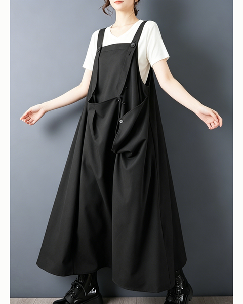 ellazhu Women's Buttoned Strap Suspender Dress Loose Fit A Line GZ984
