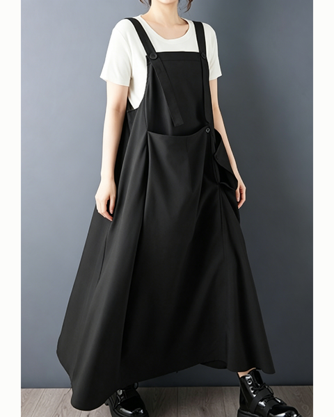 ellazhu Women's Buttoned Strap Suspender Dress Loose Fit A Line GZ984