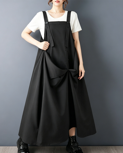 ellazhu Women's Buttoned Strap Suspender Dress Loose Fit A Line GZ984