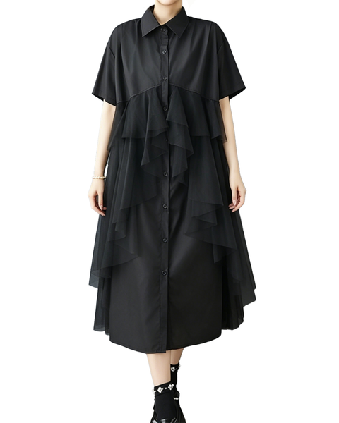 ellazhu Women's Mesh Tulle Button Down Shirt Dress Ruffle Loose GZ985
