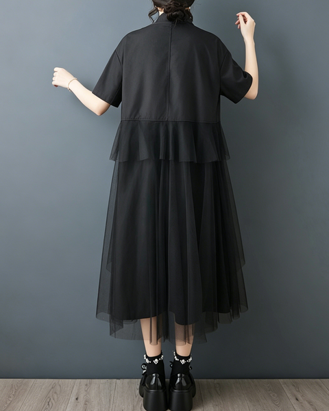 ellazhu Women's Mesh Tulle Button Down Shirt Dress Ruffle Loose GZ985