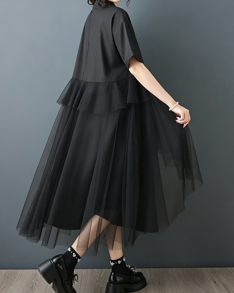 ellazhu Women's Mesh Tulle Button Down Shirt Dress Ruffle Loose GZ985