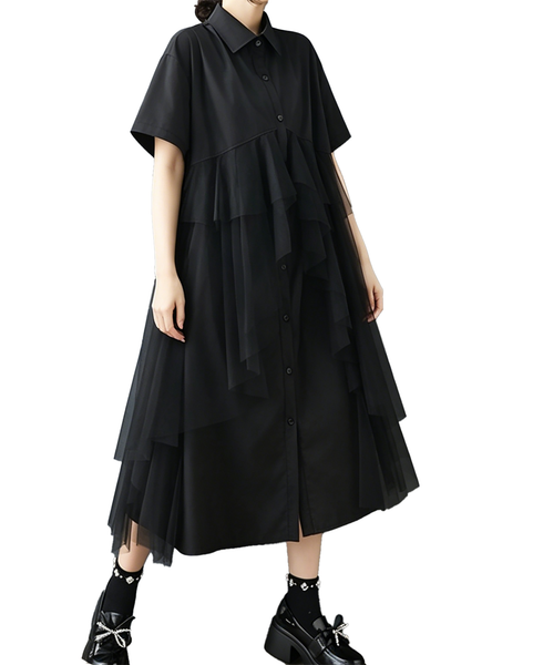ellazhu Women's Mesh Tulle Button Down Shirt Dress Ruffle Loose GZ985