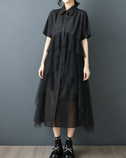 ellazhu Women's Mesh Tulle Button Down Shirt Dress Ruffle Loose GZ985