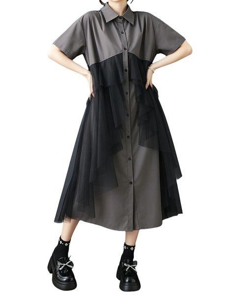 ellazhu Women's Mesh Tulle Button Down Shirt Dress Ruffle Loose GZ985