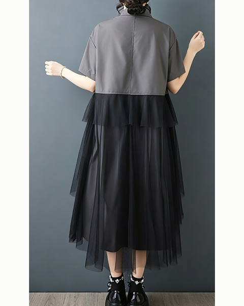 ellazhu Women's Mesh Tulle Button Down Shirt Dress Ruffle Loose GZ985