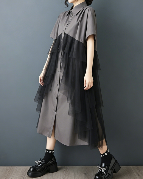 ellazhu Women's Mesh Tulle Button Down Shirt Dress Ruffle Loose GZ985