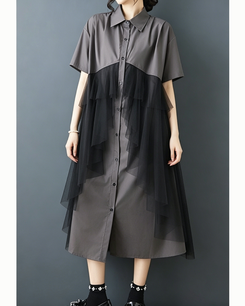 ellazhu Women's Mesh Tulle Button Down Shirt Dress Ruffle Loose GZ985