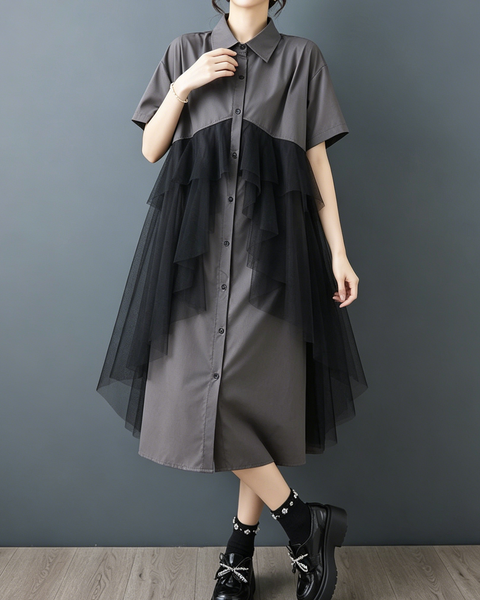 ellazhu Women's Mesh Tulle Button Down Shirt Dress Ruffle Loose GZ985