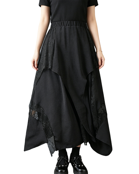 ellazhu Women's Lace Mesh Maxi Skirt Asymmetrical Irregular Hem GZ986