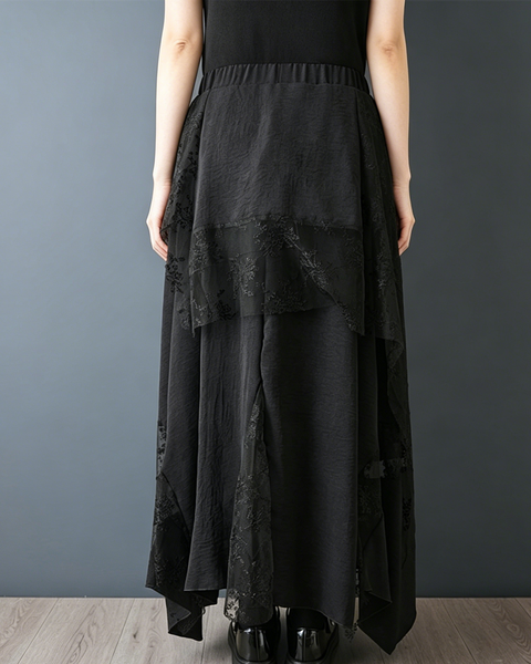 ellazhu Women's Lace Mesh Maxi Skirt Asymmetrical Irregular Hem GZ986