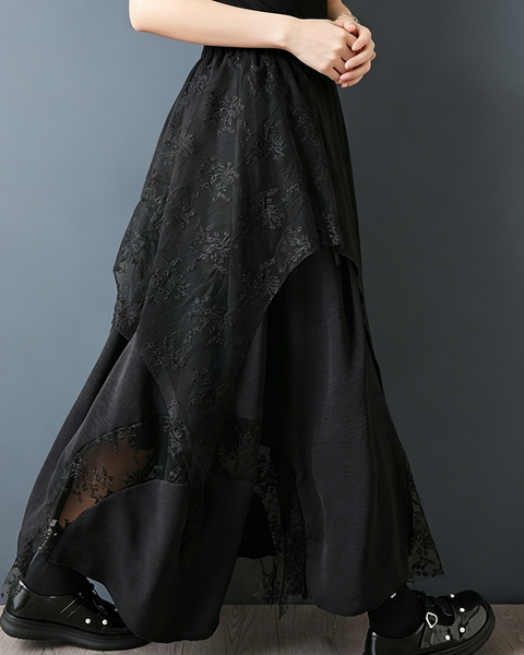 ellazhu Women's Lace Mesh Maxi Skirt Asymmetrical Irregular Hem GZ986