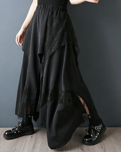 ellazhu Women's Lace Mesh Maxi Skirt Asymmetrical Irregular Hem GZ986