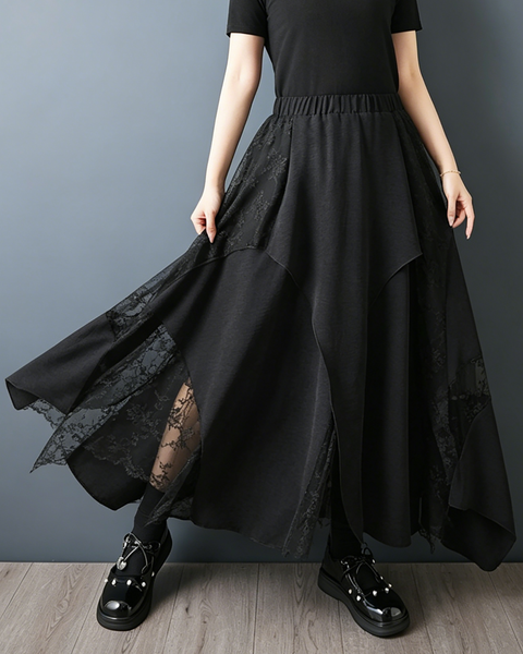 ellazhu Women's Lace Mesh Maxi Skirt Asymmetrical Irregular Hem GZ986