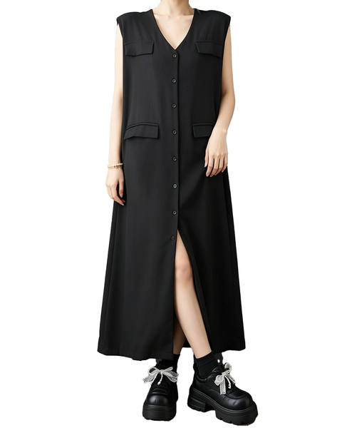ellazhu Women's V Neck Button Down Maxi Dress Sleeveless Pocket GZ987