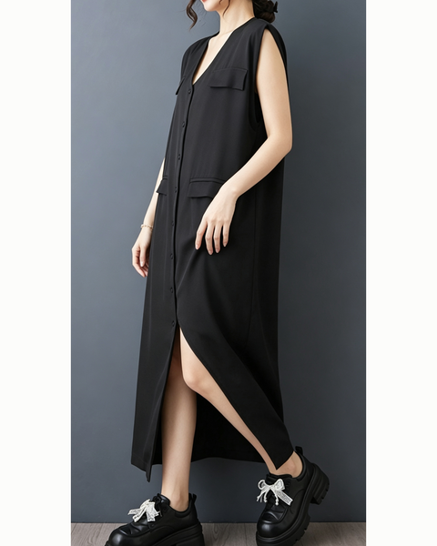 ellazhu Women's V Neck Button Down Maxi Dress Sleeveless Pocket GZ987