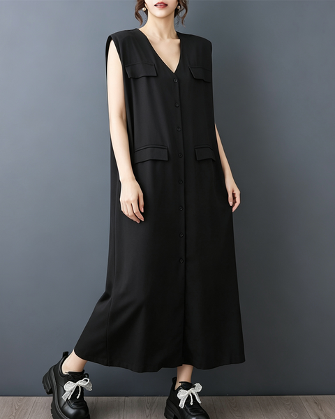 ellazhu Women's V Neck Button Down Maxi Dress Sleeveless Pocket GZ987