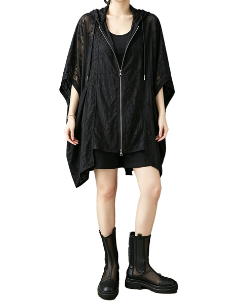 ellazhu Women's Hooded Sheer Zip Cover Up Embroidered Cape Coat GZ988