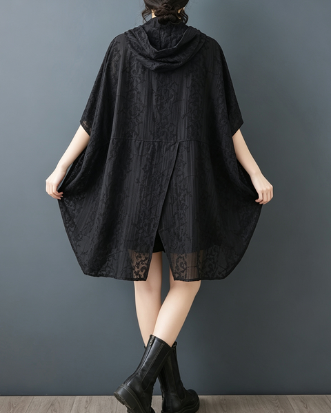 ellazhu Women's Hooded Sheer Zip Cover Up Embroidered Cape Coat GZ988
