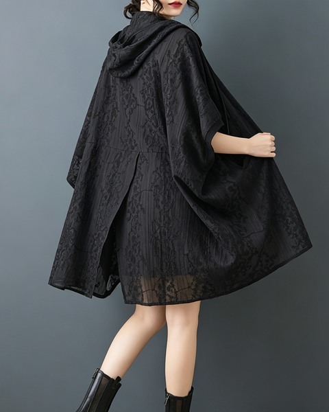 ellazhu Women's Hooded Sheer Zip Cover Up Embroidered Cape Coat GZ988