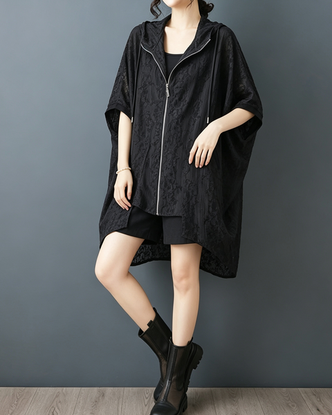 ellazhu Women's Hooded Sheer Zip Cover Up Embroidered Cape Coat GZ988