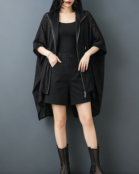 ellazhu Women's Hooded Sheer Zip Cover Up Embroidered Cape Coat GZ988