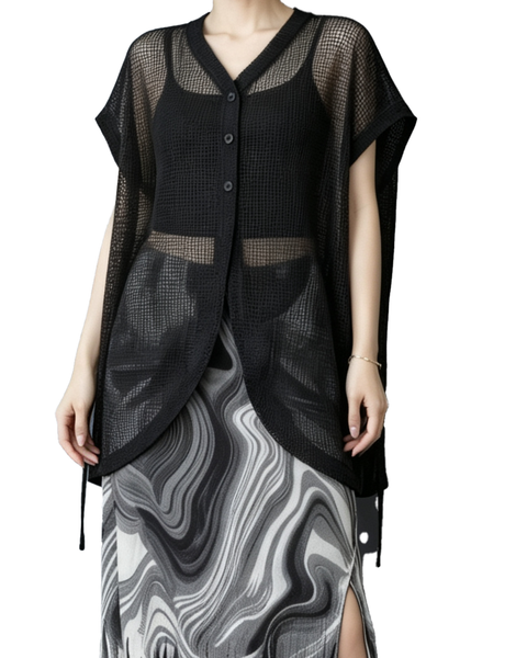 ellazhu Women's Mesh Button Down Cover Up Shirt Sheer Loose Top GZ989