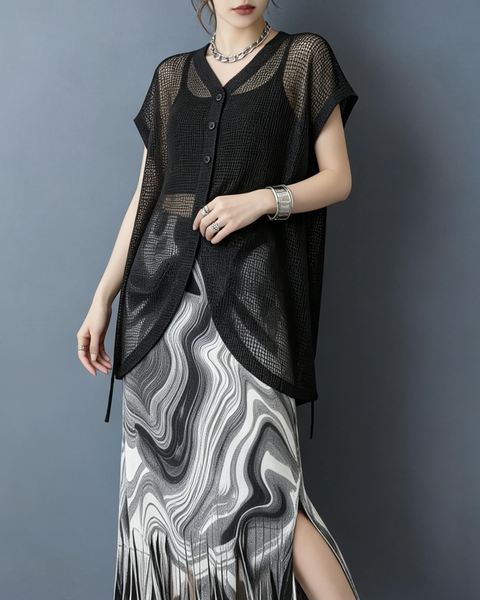 ellazhu Women's Mesh Button Down Cover Up Shirt Sheer Loose Top GZ989