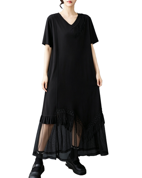 ellazhu Women's V Neck Fringe Mesh Dress Belted Loose Midi Maxi GZ993