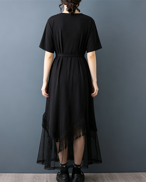 ellazhu Women's V Neck Fringe Mesh Dress Belted Loose Midi Maxi GZ993