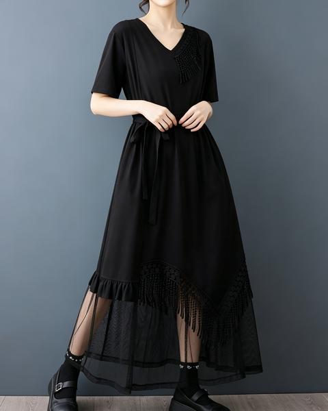 ellazhu Women's V Neck Fringe Mesh Dress Belted Loose Midi Maxi GZ993