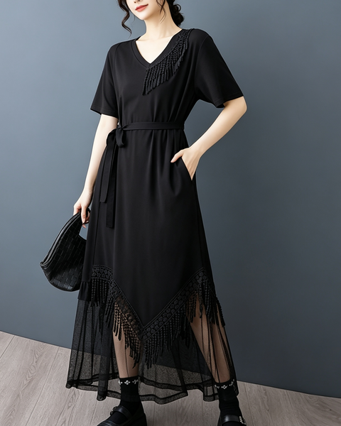 ellazhu Women's V Neck Fringe Mesh Dress Belted Loose Midi Maxi GZ993