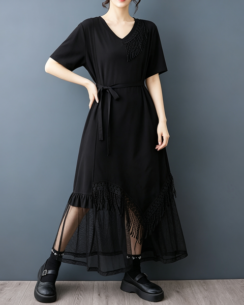 ellazhu Women's V Neck Fringe Mesh Dress Belted Loose Midi Maxi GZ993